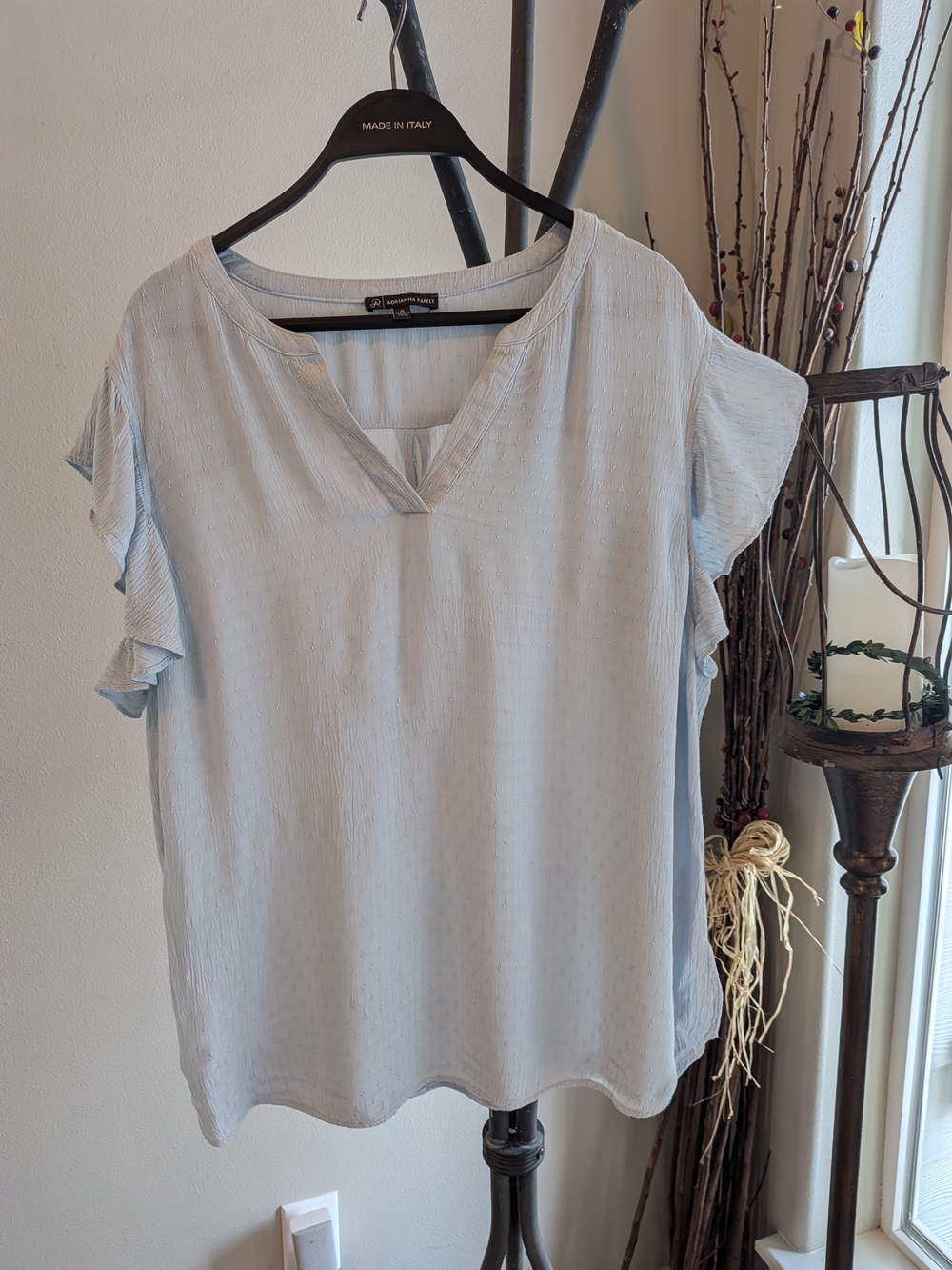 Adrianna Papell Light Blue V-Neck Ruffle Sleeve Blouse